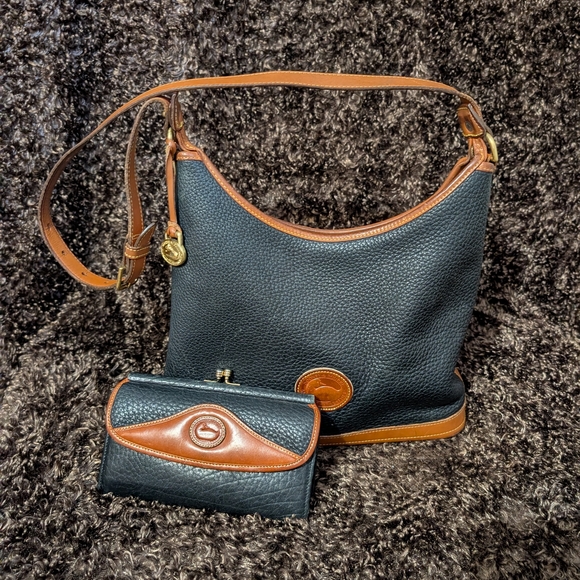 Dooney & Bourke Handbags - Dooney & Bourke Black Pebbled Leather Hobo Bag with Brown Trim & Matching Wallet